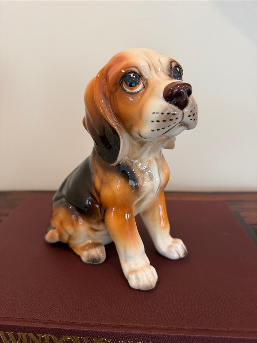 Vintage Lefton Ceramic Beagle Dog Figurine in Brown and Black.